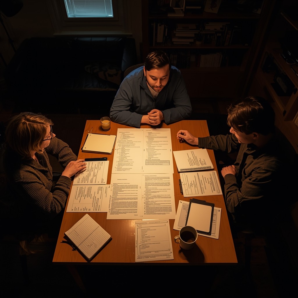 COLLAB team in a production meeting, reviewing scripts