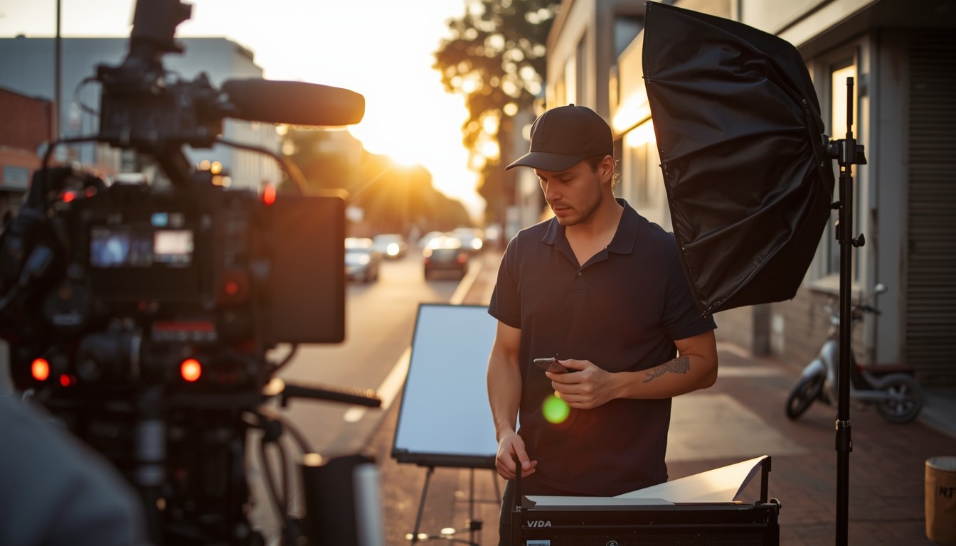Crew members setting up a shot on location